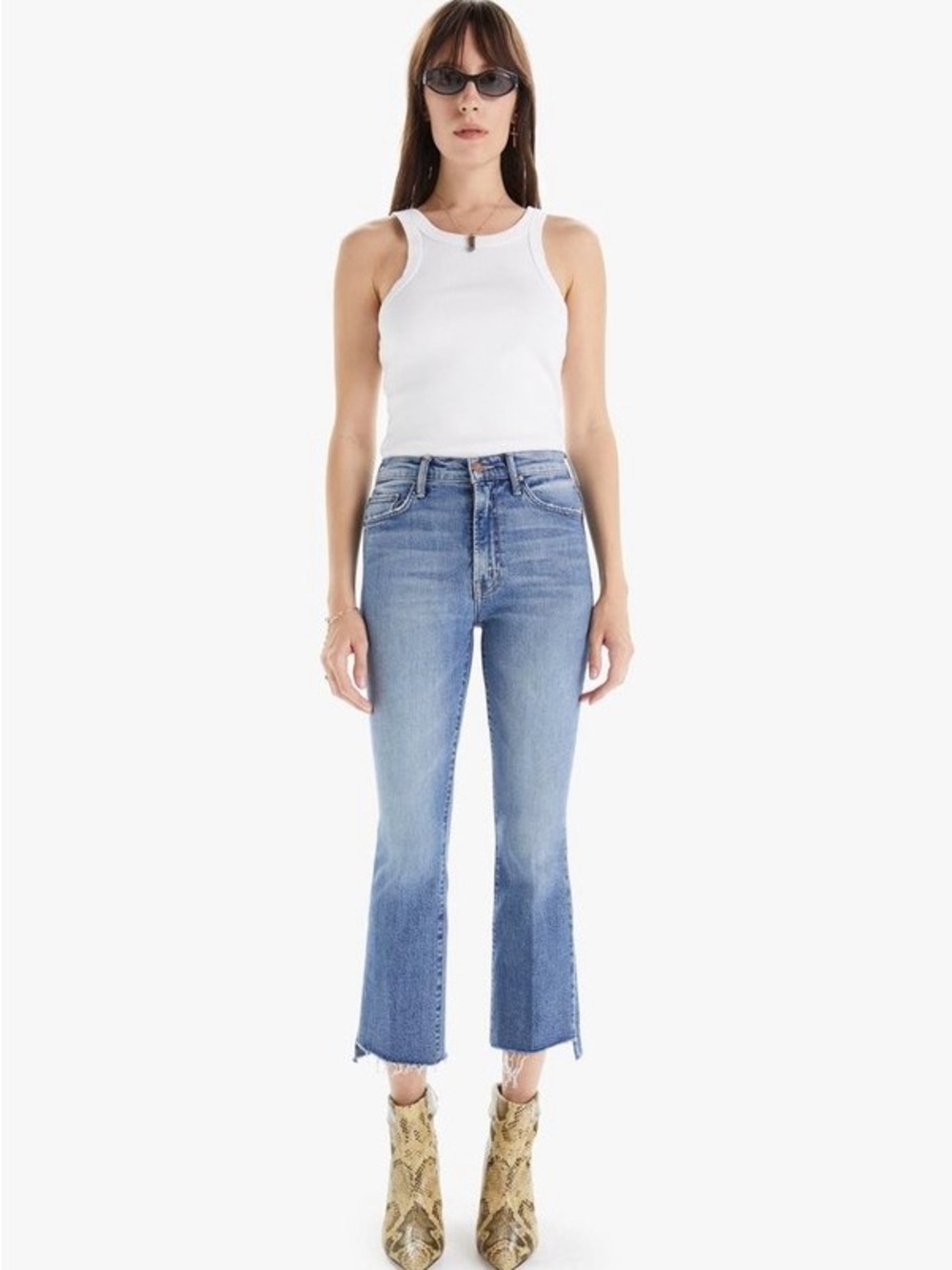MOTHER Medium Light Blue High-Rise Cropped Flare Jeans